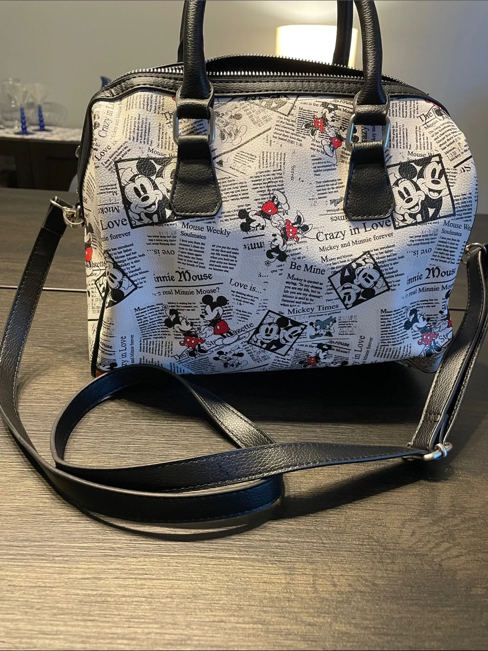 Disney Mikey and Minnie Newspaper-Print Satchel in Black, White & Red